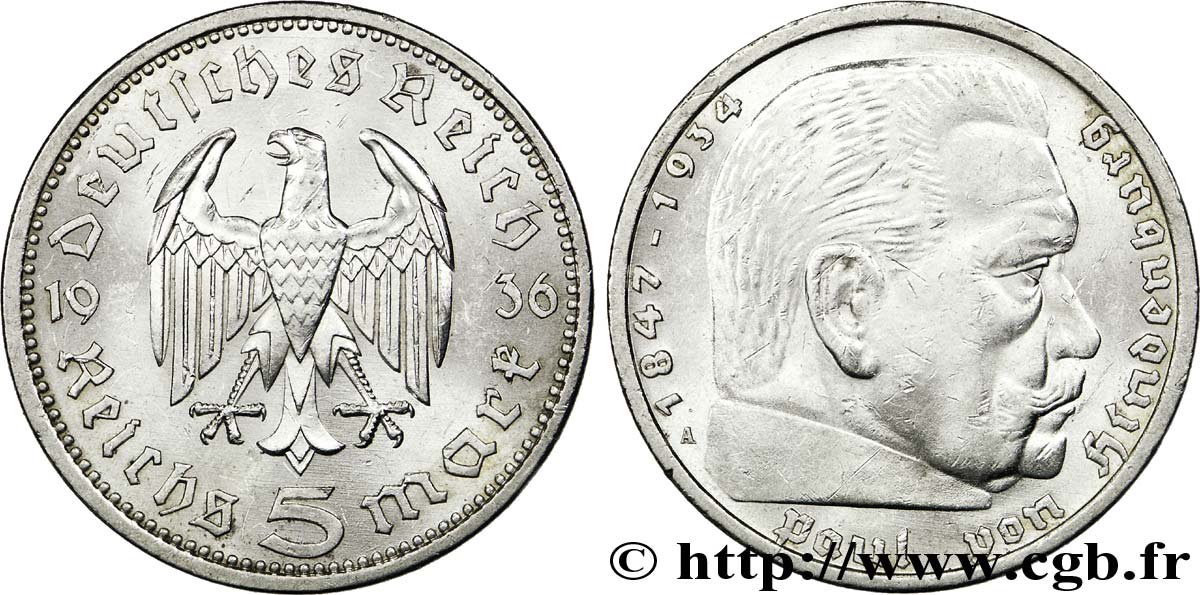 ALEMANIA 5 Reichsmark Maréchal Paul von Hindenburg 1936 Berlin EBC 