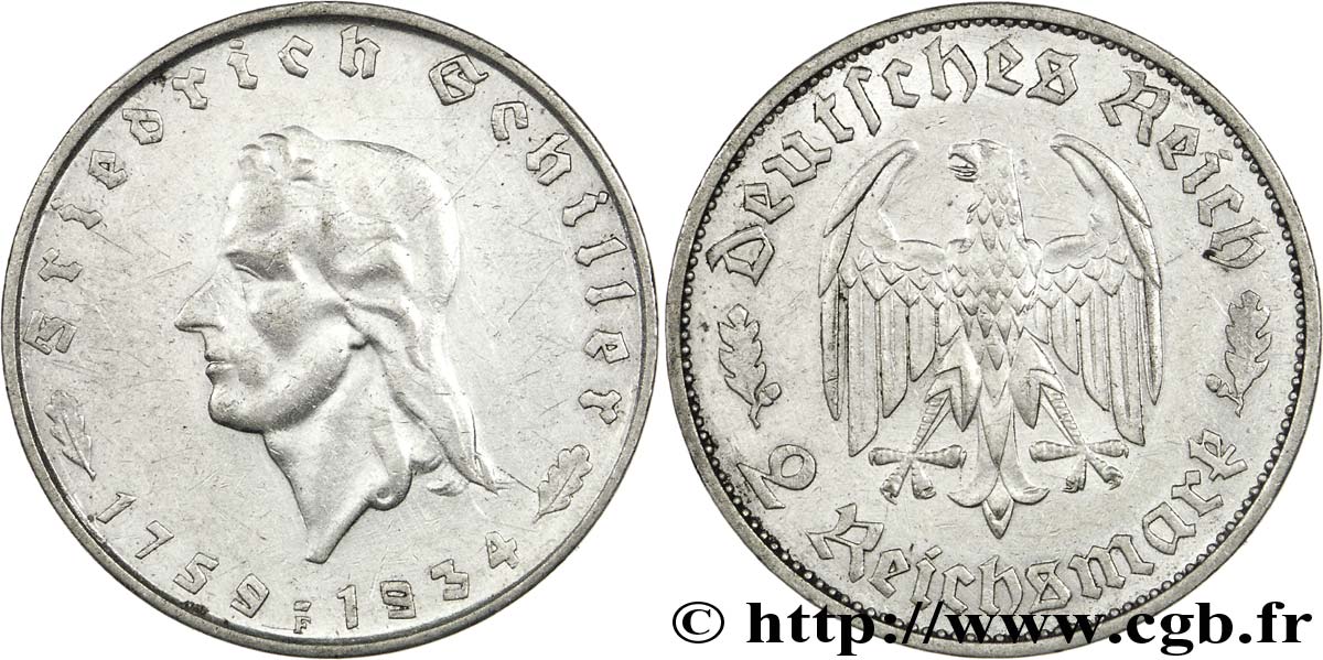 GERMANY 2 Reichsmark aigle  / 175e anniversaire de la naissance de Friedrich Schiller 1934 Stuttgart - F AU 