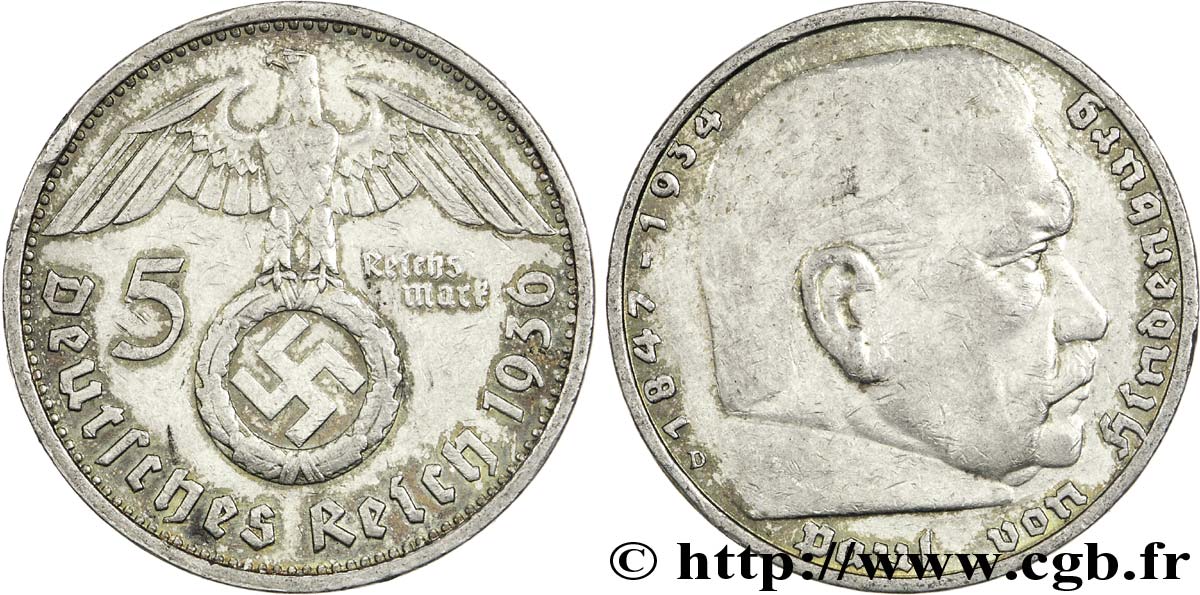 DEUTSCHLAND 5 Reichsmark Maréchal Paul von Hindenburg 1936 Munich - D SS 
