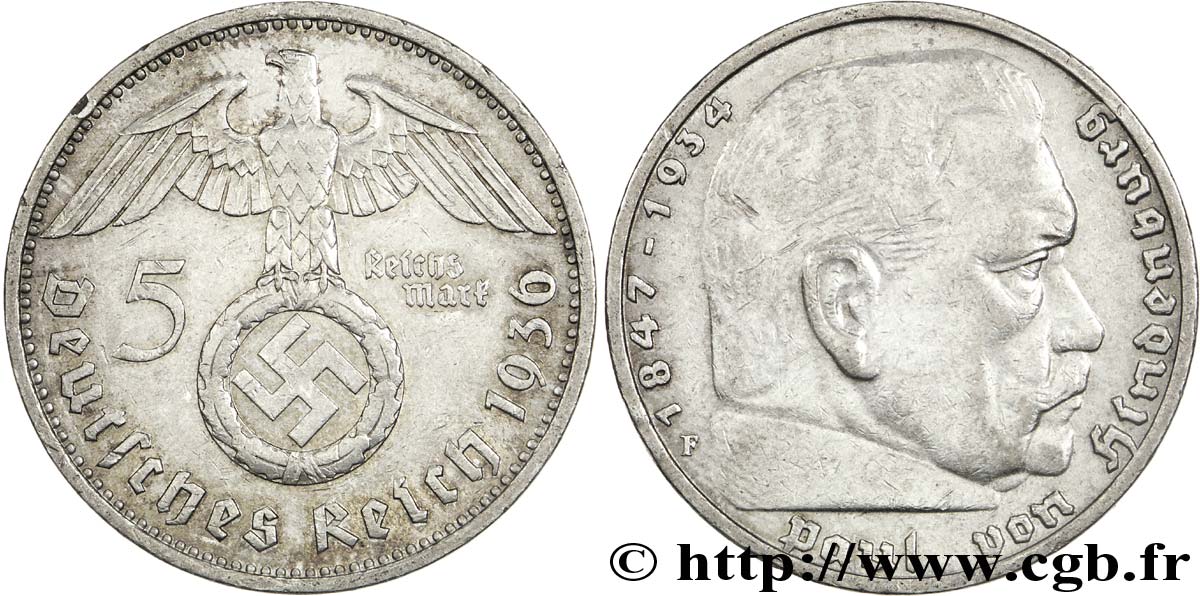 DEUTSCHLAND 5 Reichsmark Maréchal Paul von Hindenburg 1936 Stuttgart - F SS 