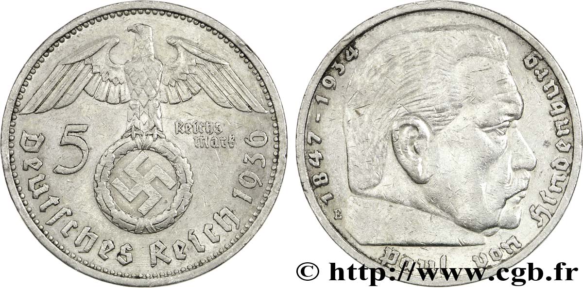 GERMANIA 5 Reichsmark Maréchal Paul von Hindenburg 1936 Muldenhütten - E BB 