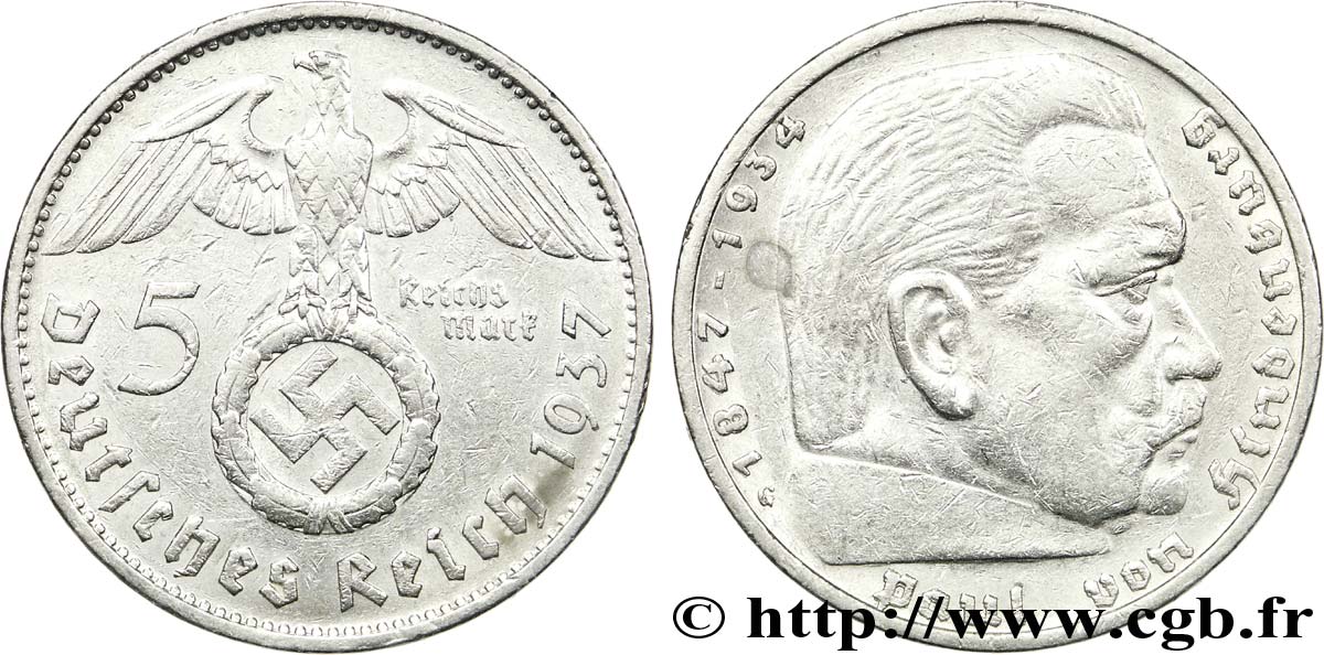ALEMANIA 5 Reichsmark aigle surmontant une swastika / Maréchal Paul von Hindenburg 1937 Karlsruhe - G MBC 