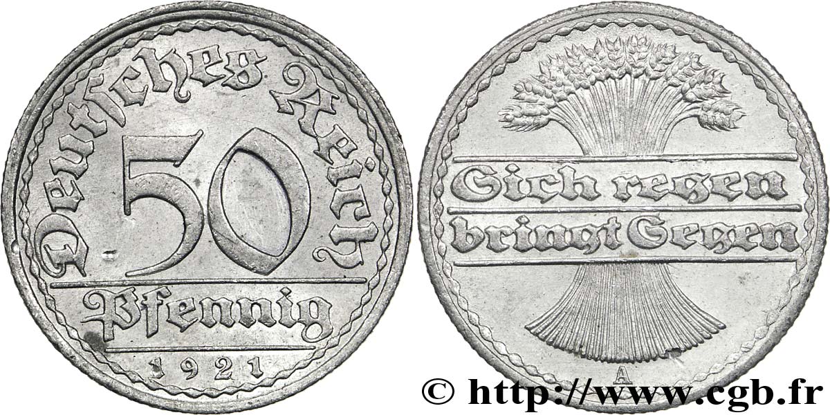 GERMANY 50 Pfennig gerbe de blé “sich regen bringt segen“ 1921 Berlin AU 