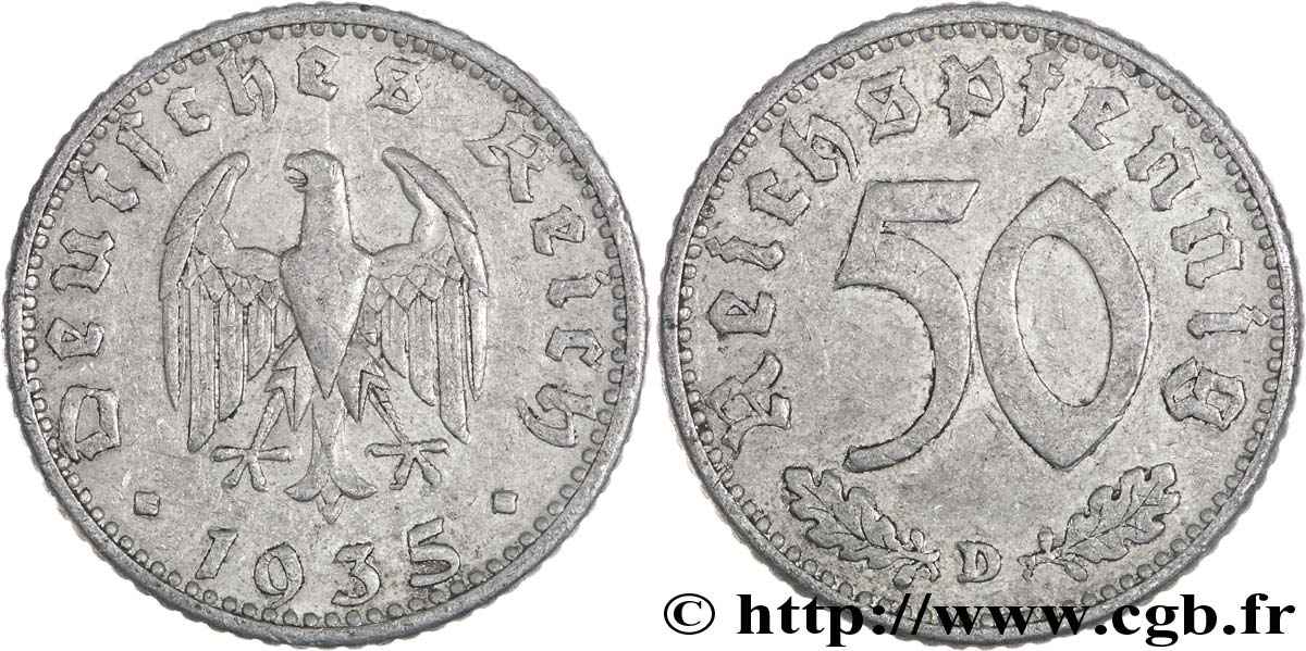GERMANY 50 Reichspfennig aigle héraldique 1935 Munich XF 