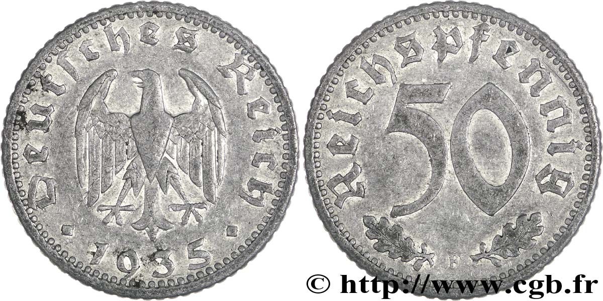 ALEMANIA 50 Reichspfennig aigle héraldique 1935 Stuttgart - F EBC 