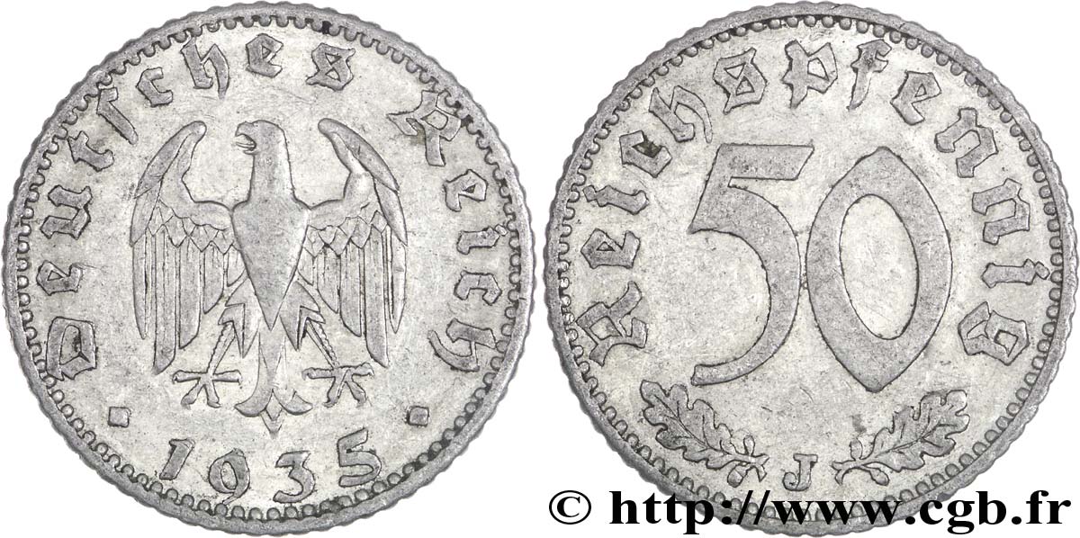 ALEMANIA 50 Reichspfennig aigle héraldique 1935 Hambourg - J MBC 