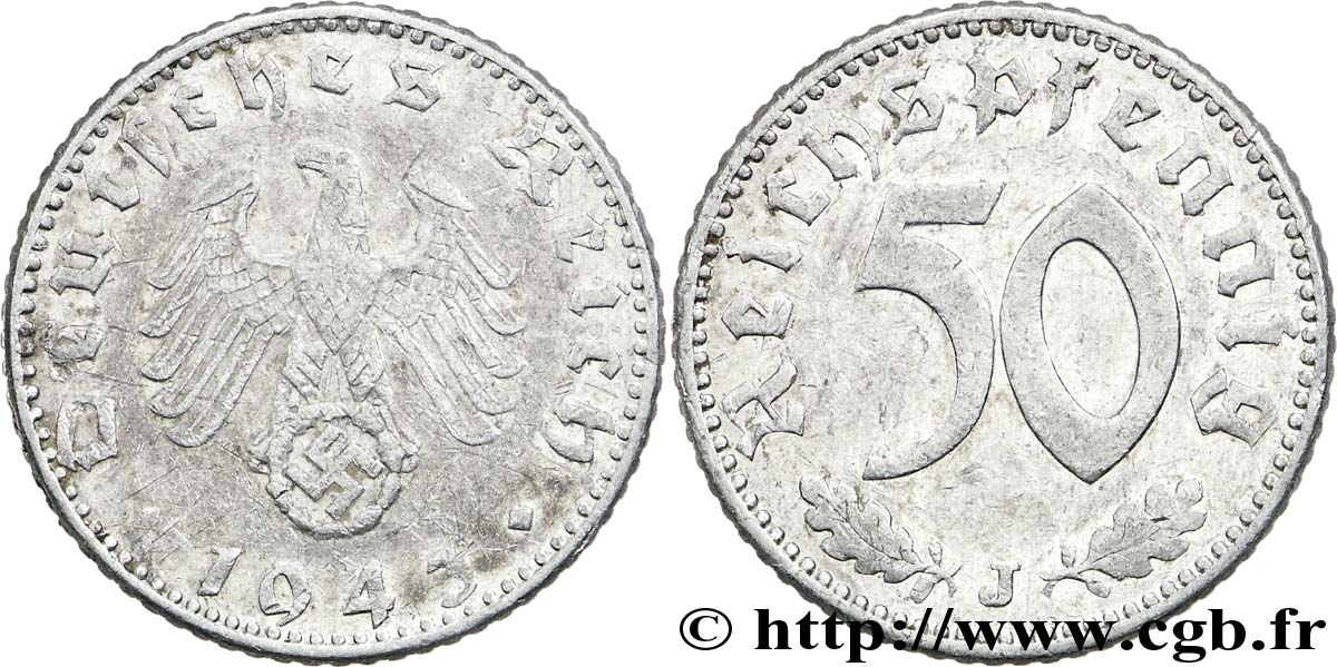 DEUTSCHLAND 50 Reichspfennig aigle héraldique  sur swastika 1943 Hambourg - J S 