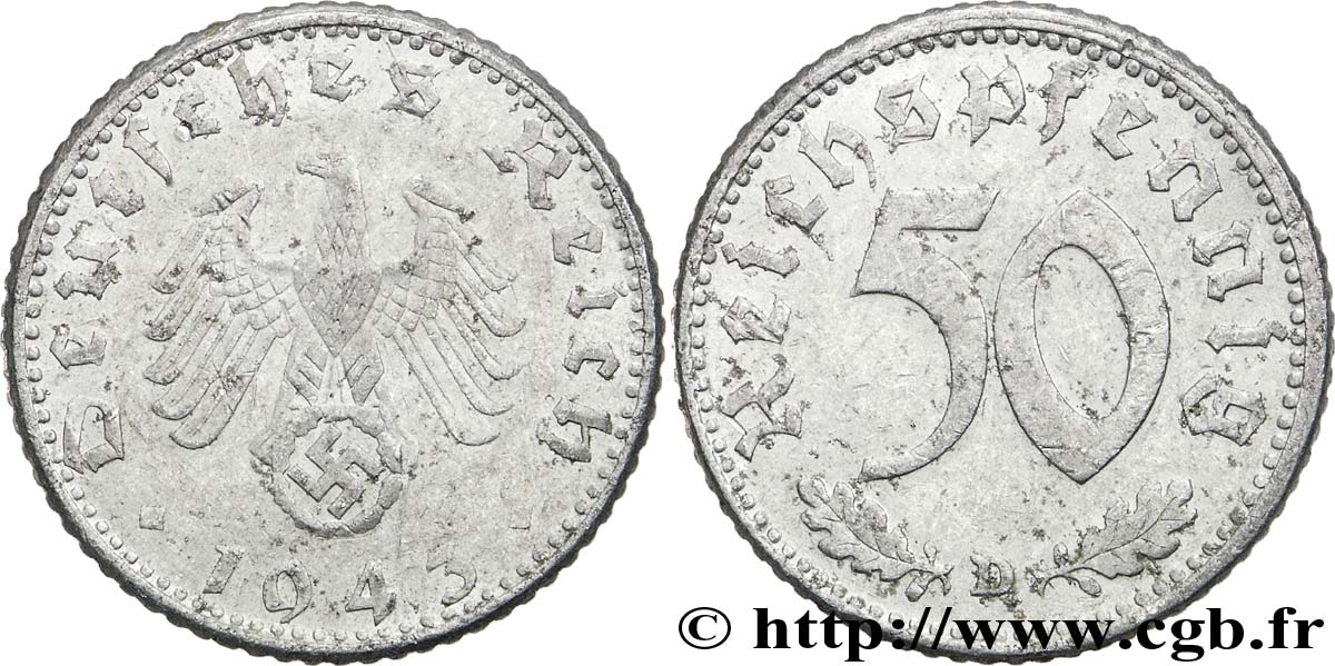 ALEMANIA 50 Reichspfennig aigle héraldique  sur swastika 1943 Munich - D BC 