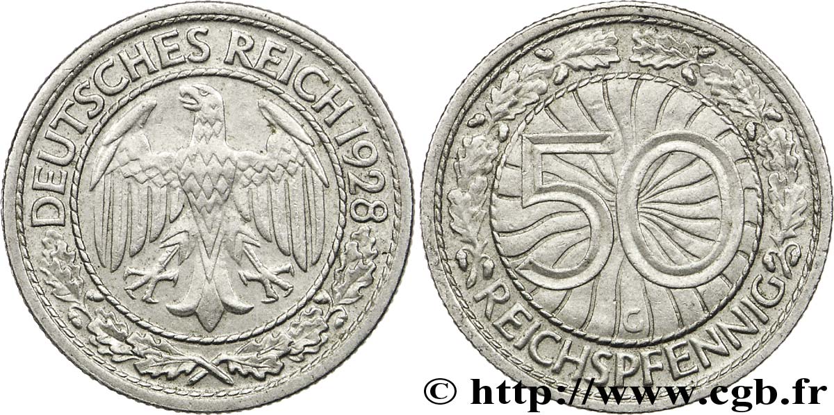 GERMANIA 50 Reichspfennig aigle 1928 Karlsruhe - G SPL 