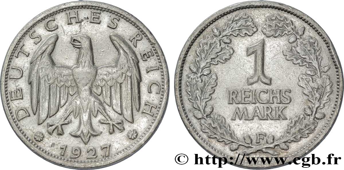 GERMANY 1 Reichsmark aigle héraldique 1927 Stuttgart - F VF 