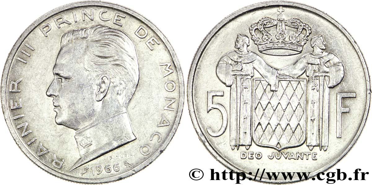 MONACO 5 Francs Prince Rainier III / écu 1966 Paris SS 