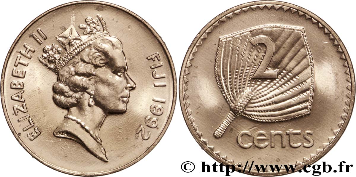 FIJI 2 Cents Elisabeth II / éventail 1992 Royal Canadian Mint, Ottawa MS 