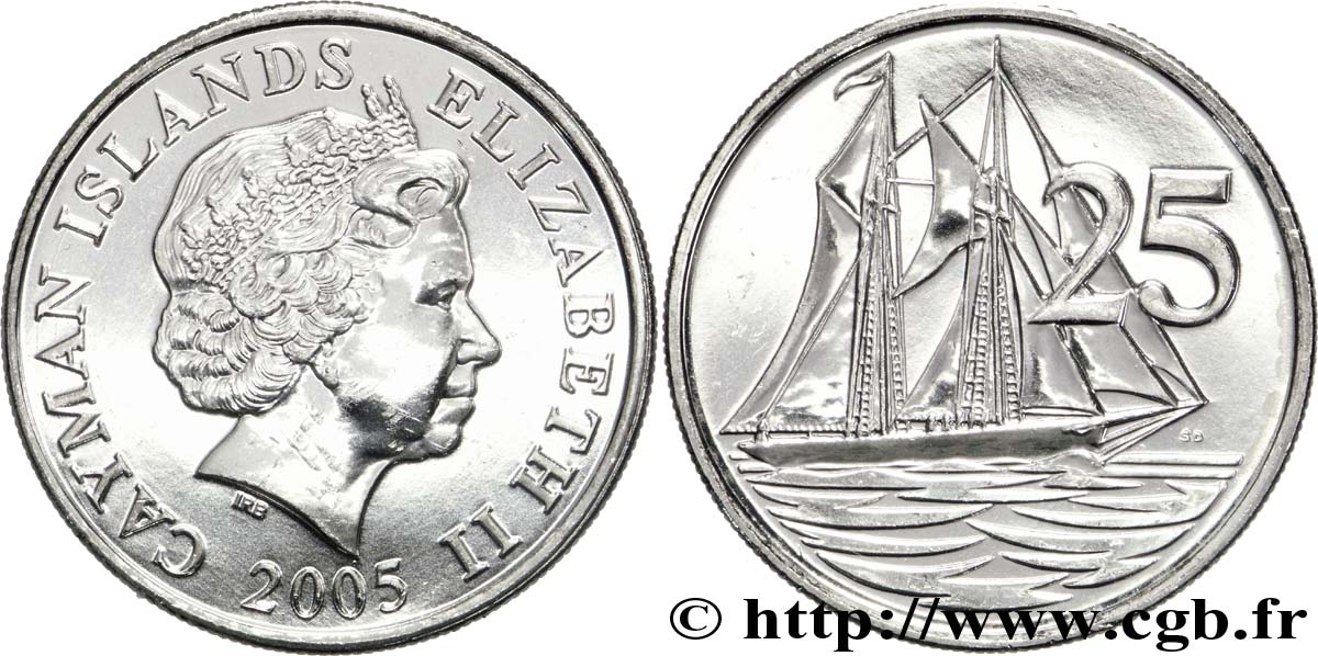 ISOLE CAYMAN 25 Cents Elisabeth II / voilier 2005 Cardiff, British Royal Mint MS 