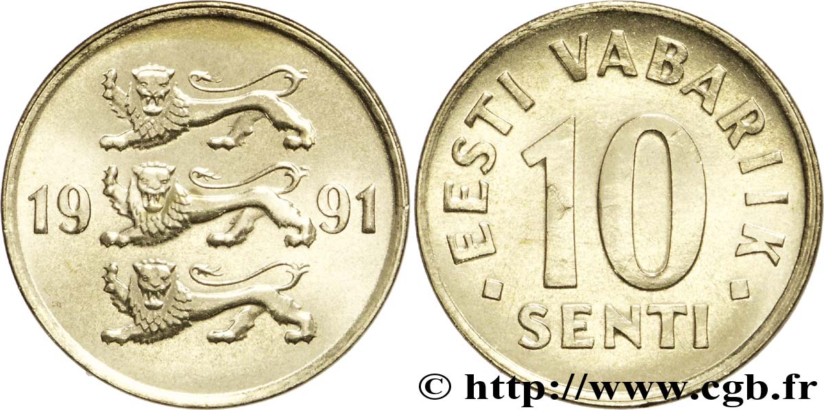 ESTONIA 10 Senti emblème aux 3 lions 1991  MS 