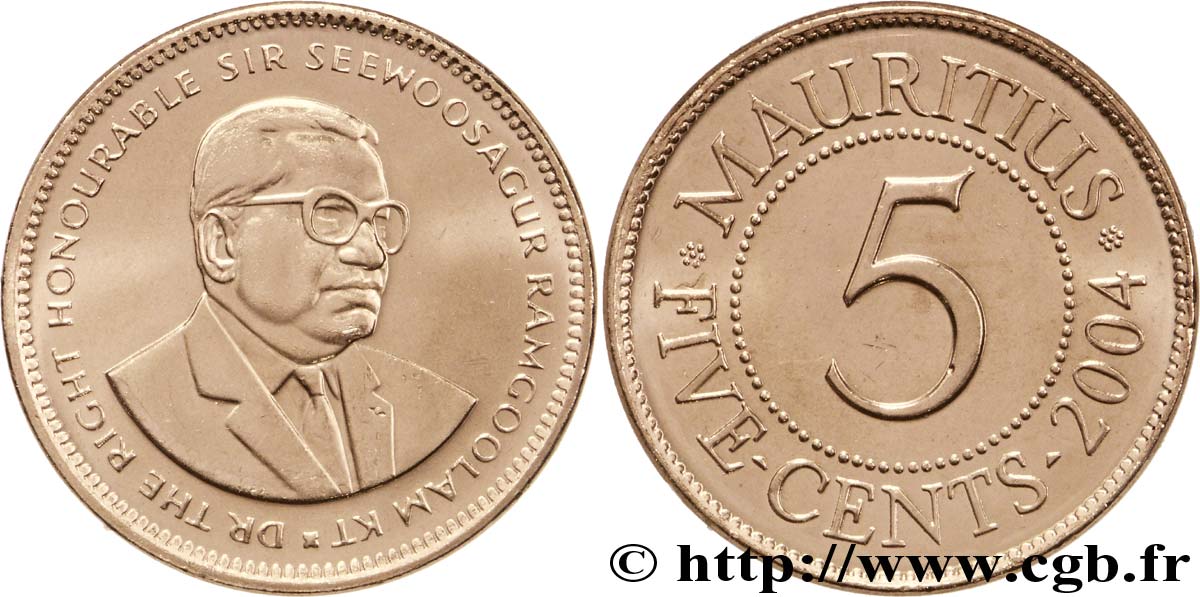 MAURITIUS 5 Cents Sir Seewoosagur Ramgoolam 2004  fST 