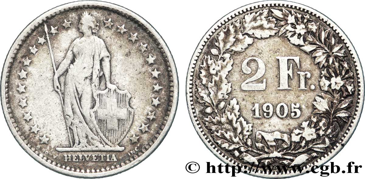SUIZA 2 Francs Helvetia 1905 Berne - B BC 
