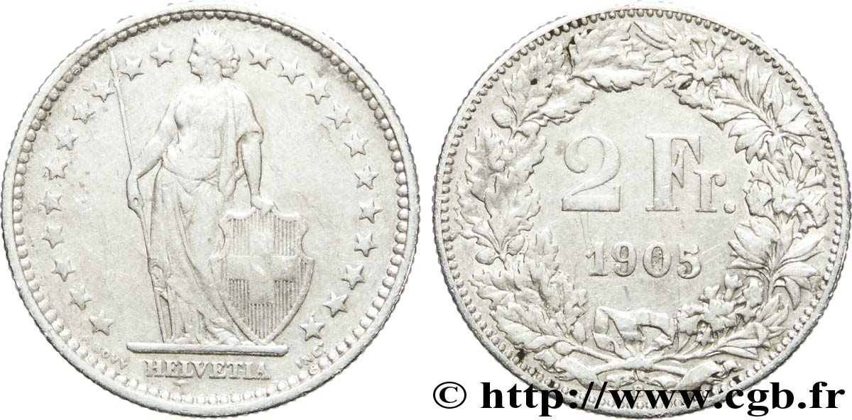 SWITZERLAND 2 Francs Helvetia 1905 Berne - B XF 