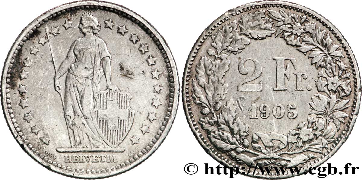 SWITZERLAND 2 Francs Helvetia 1905 Berne - B VF 