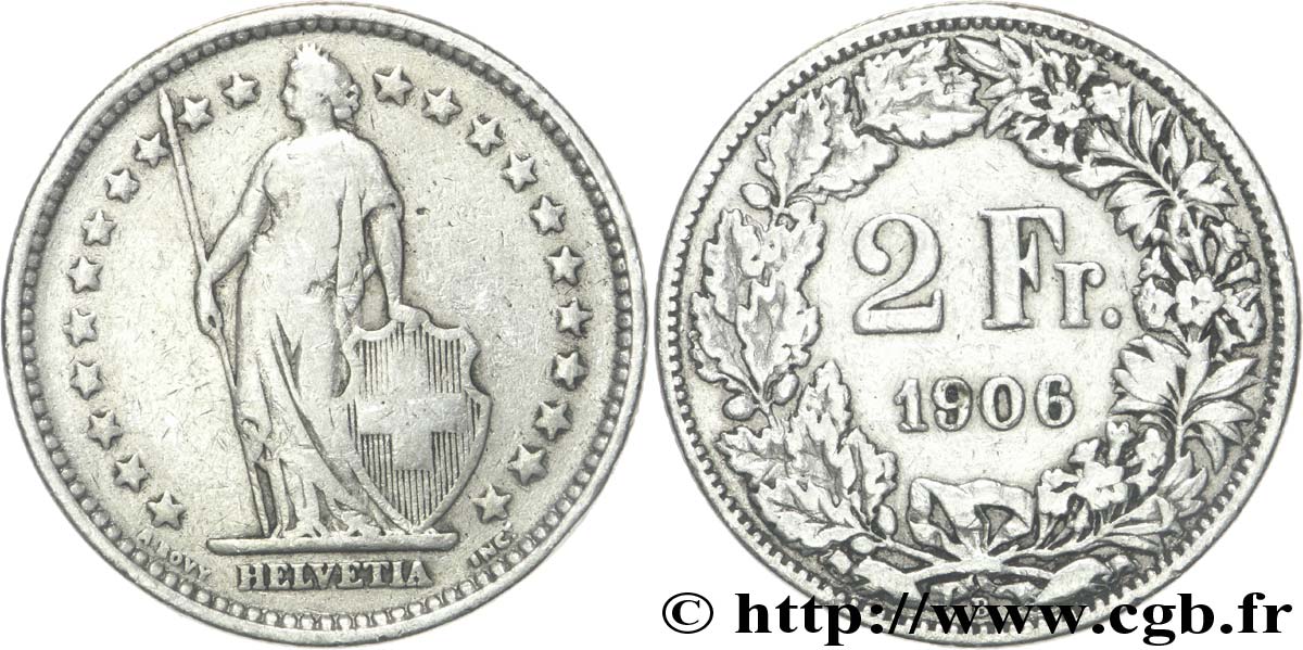 SWITZERLAND 2 Francs Helvetia 1906 Berne - B VF 