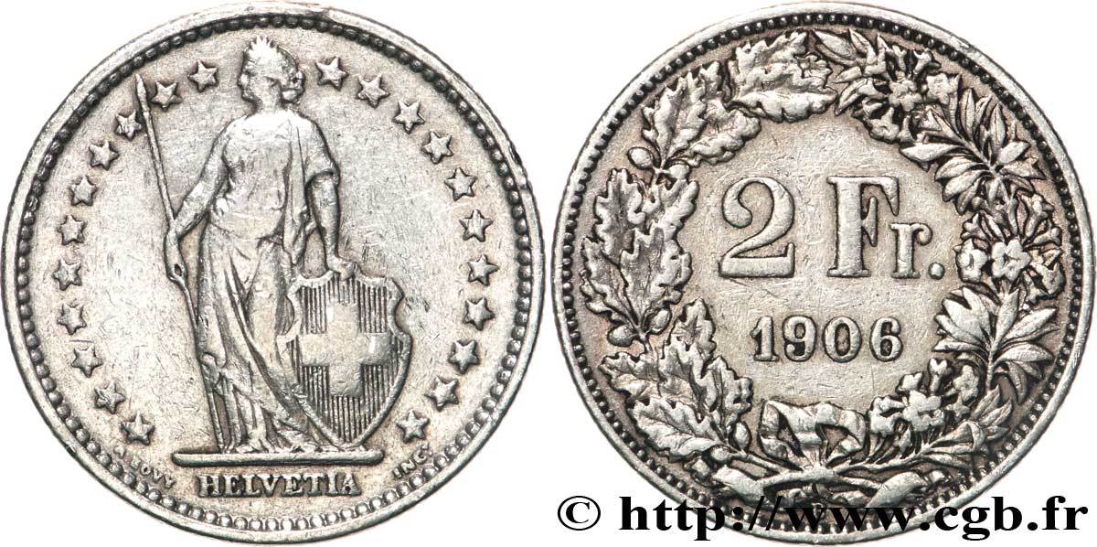 SUIZA 2 Francs Helvetia 1906 Berne - B BC+ 