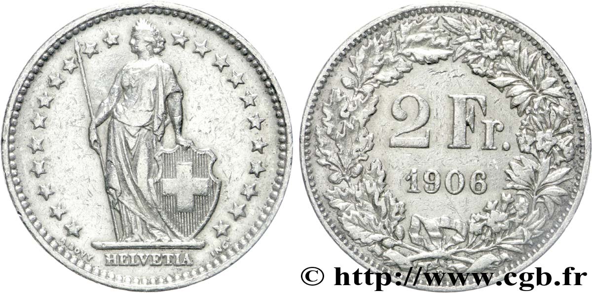 SWITZERLAND 2 Francs Helvetia 1906 Berne - B XF 
