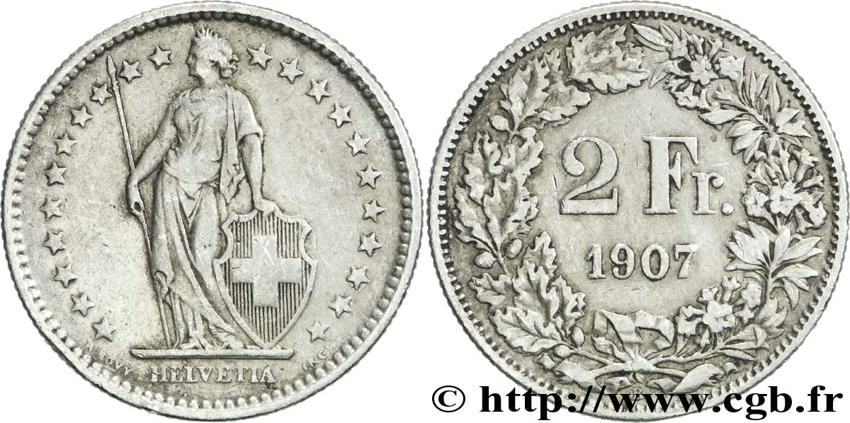 SWITZERLAND 2 Francs Helvetia 1907 Berne - B VF 