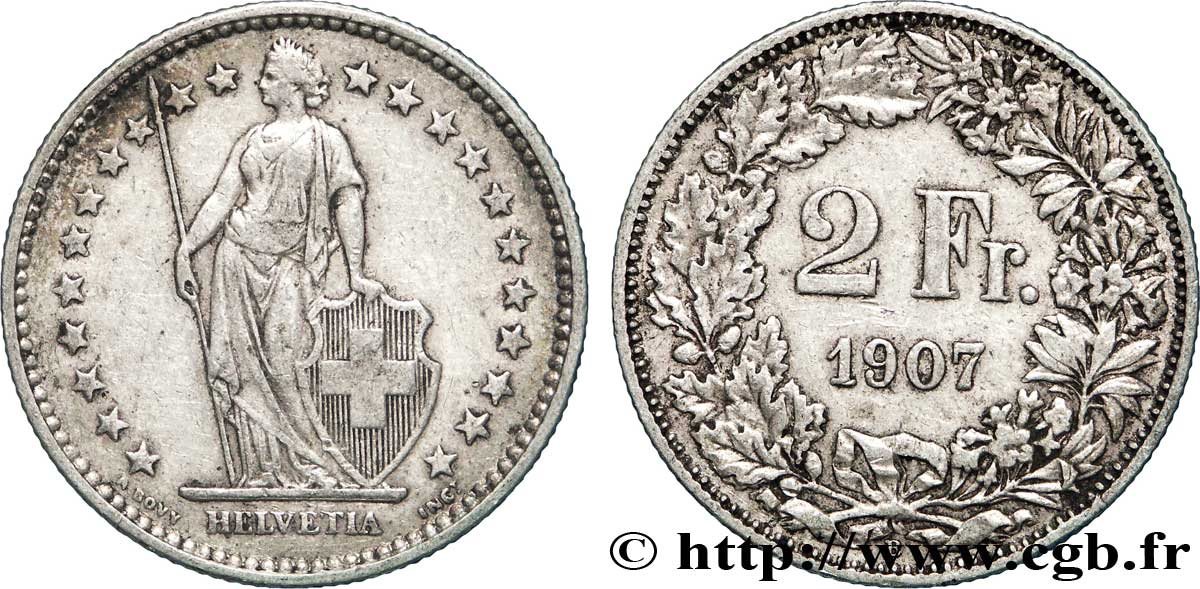 SWITZERLAND 2 Francs Helvetia 1907 Berne - B XF 