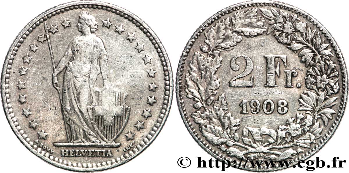 SWITZERLAND 2 Francs Helvetia 1908 Berne - B VF 