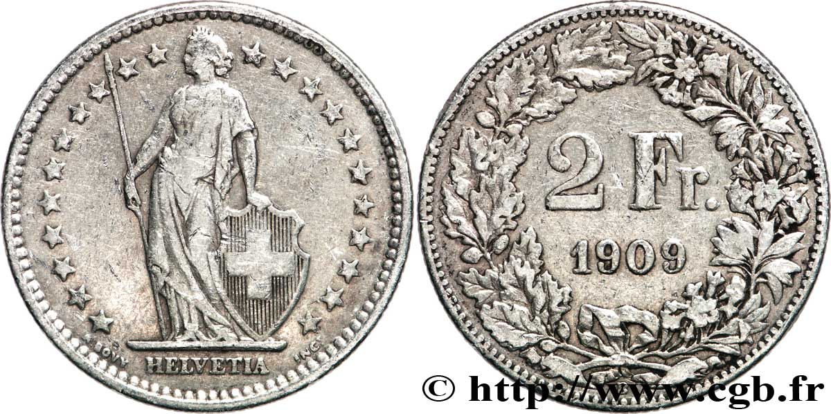 SUIZA 2 Francs Helvetia 1909 Berne - B BC+ 