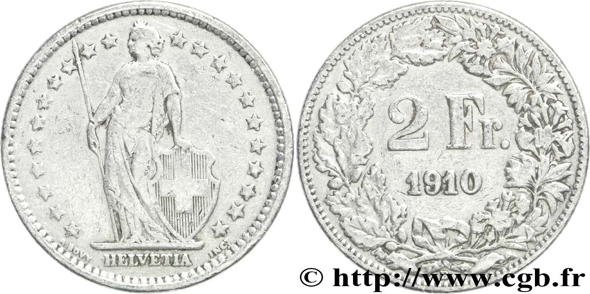 SWITZERLAND 2 Francs Helvetia 1910 Berne - B VF 