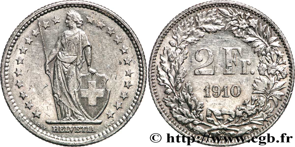 SWITZERLAND 2 Francs Helvetia 1910 Berne - B XF 