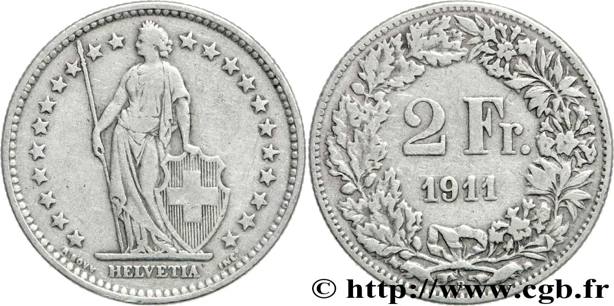 SWITZERLAND 2 Francs Helvetia 1911 Berne - B VF 