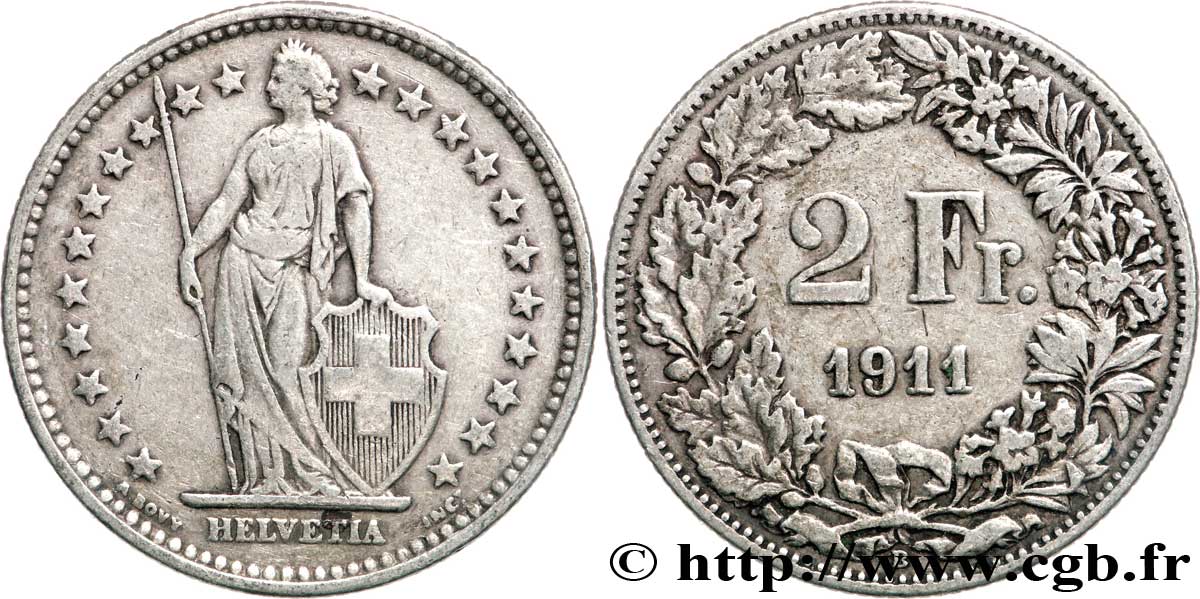 SVIZZERA  2 Francs Helvetia 1911 Berne - B q.BB 