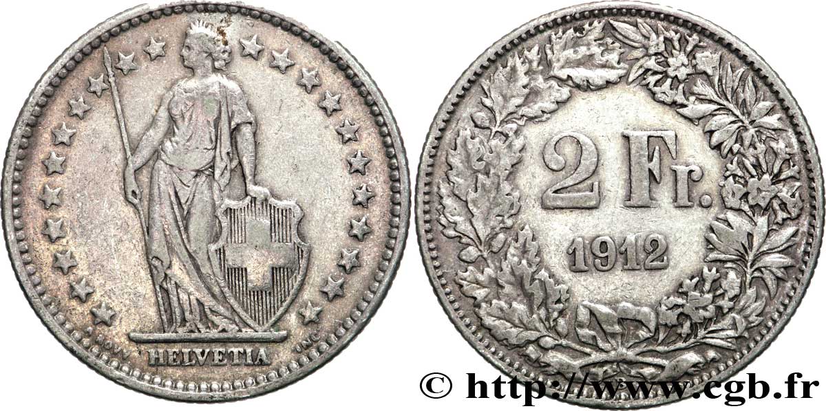 SWITZERLAND 2 Francs Helvetia 1912 Berne - B VF 