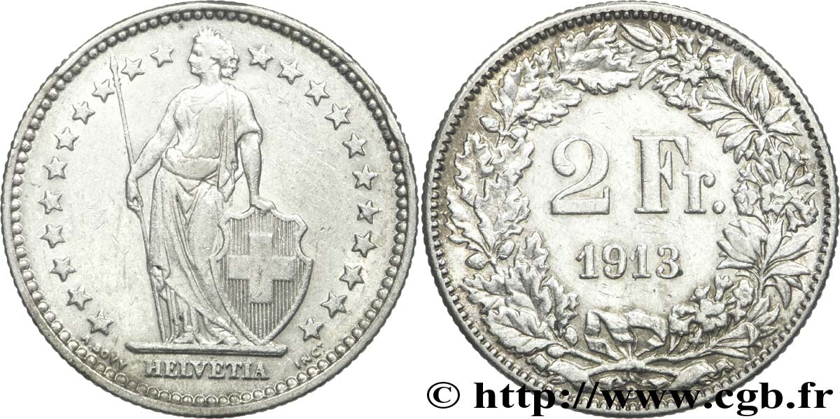 SWITZERLAND 2 Francs Helvetia 1913 Berne - B AU 