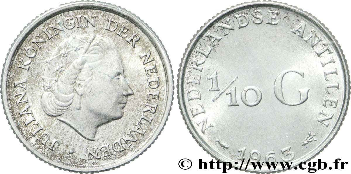 NETHERLANDS ANTILLES 1/10 Gulden reine Juliana 1963 Utrecht EBC 