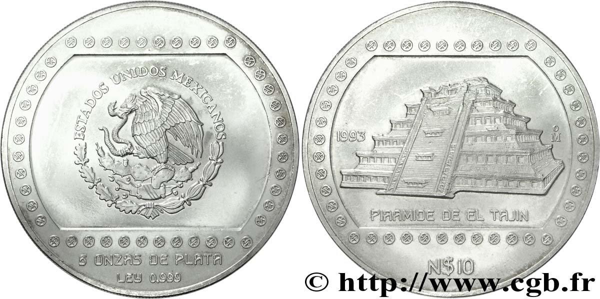 MEXIKO 10 Nuevos Pesos (5 onces) aigle / pyramide de la ville Totonaque de El Tajin 1993 Mexico VZ 