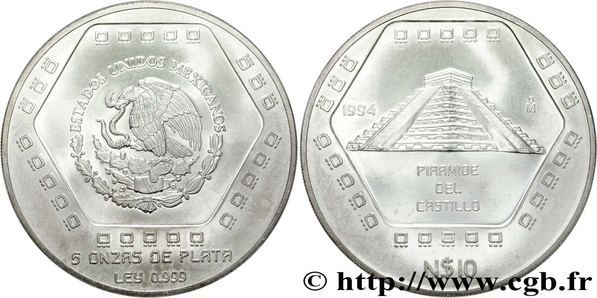 MÉXICO 10 Nuevos Pesos (5 onces) aigle / Temple de Kukulcan ou pyramide del Castillo de Chichén Itzá  1994 Mexico SC 