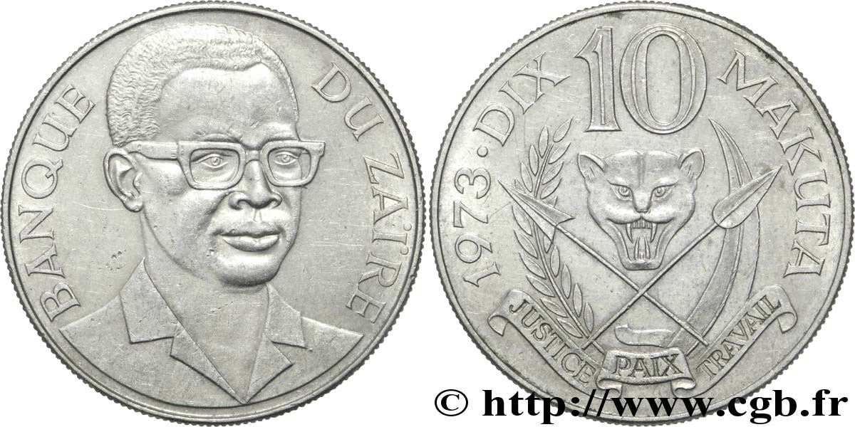 ZAÏRE 10 Makuta Maréchal Mobutu 1973  VZ 