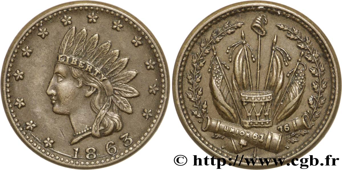 VEREINIGTE STAATEN VON AMERIKA 1 Cent (1861-1864) “civil war token” tête d’indien / canons croisés, tambour et drappeaux 1863  VZ 