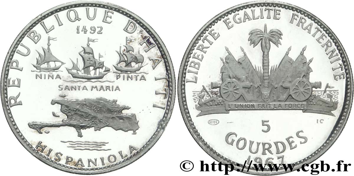 HAITI 5 Gourdes BE 10e anniversaire de la Révolution : découverte d’hispaniola par Christophe Colomb / emblème 1967  SPL 