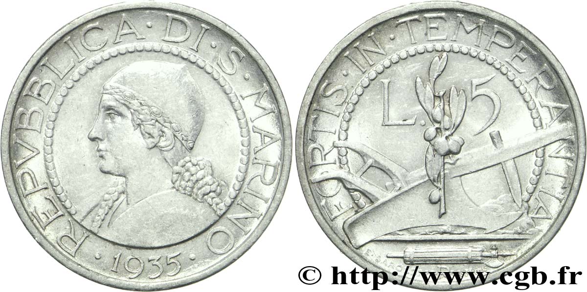 SAN MARINO 5 Lire portrait de femme / charrue 1937 Rome - R EBC 