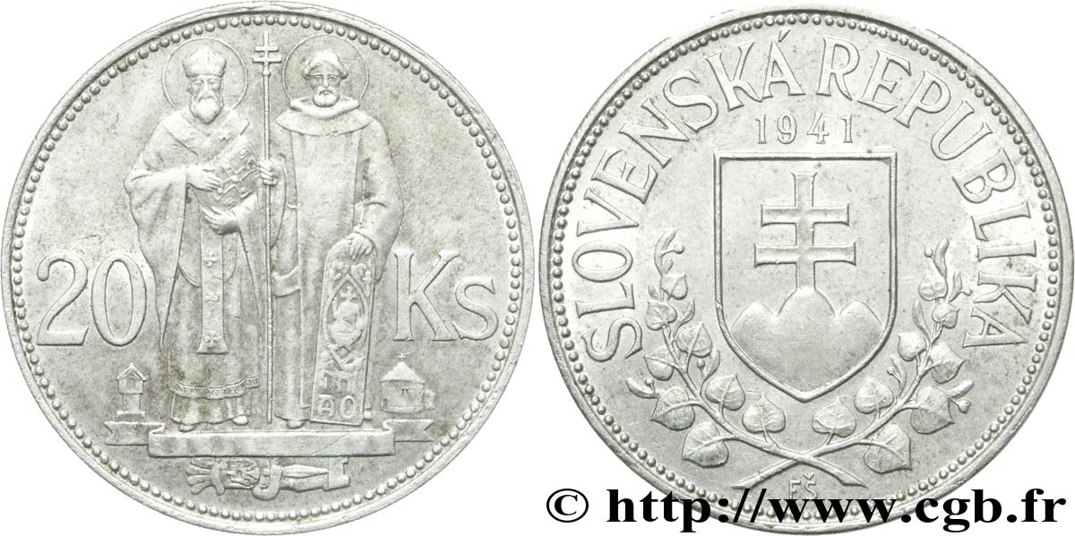 SLOVACCHIA 20 Korun St Cyril et St Méthode variété avec croix à simple barre 1941  SPL 