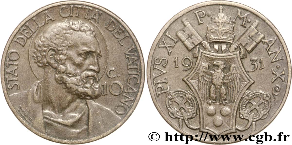 VATICANO Y ESTADOS PONTIFICIOS 10 Centesimi frappe au nom de Pie XI an X / Saint Paul 1931 Rome EBC 