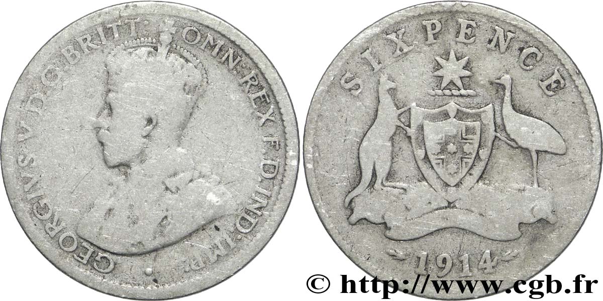AUSTRALIA 6 Pence Georges V / émeu et kangourou de part et d’autre d’un écu 1914 Londres MB 