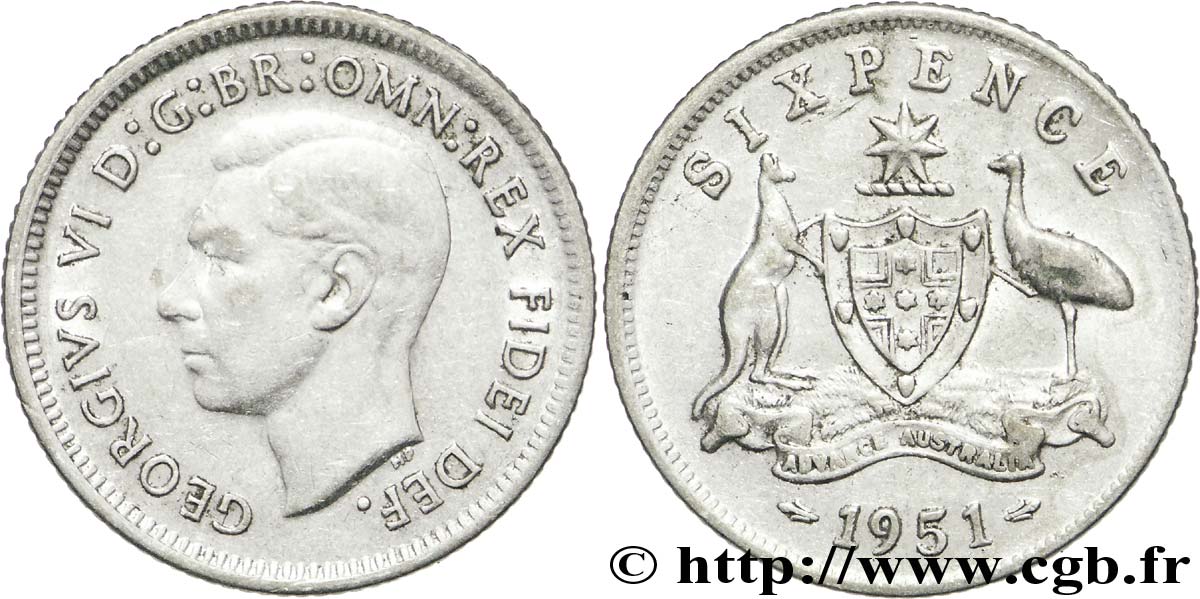 AUSTRALIA 6 Pence Georges VI / émeu et kangourou de part et d’autre d’un écu 1951 Melbourne EBC 