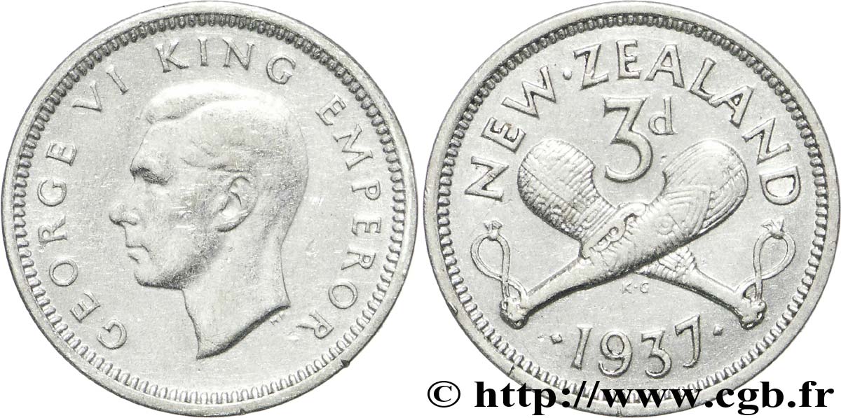 NOUVELLE-ZÉLANDE 3 Pence Georges VI 1937  SUP 