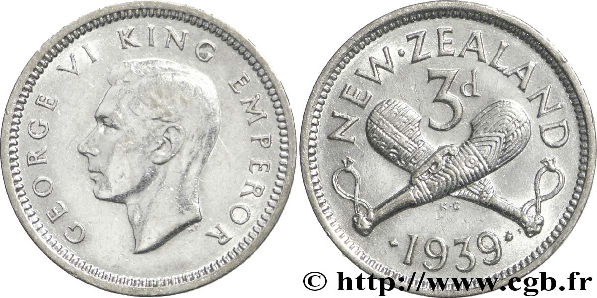 NEUSEELAND
 3 Pence Georges VI / patus maoris croisés 1939  VZ 