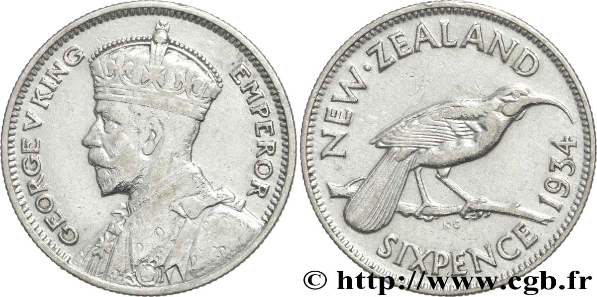 NEW ZEALAND 6 Pence Georges V / oiseau Huia 1934  XF 