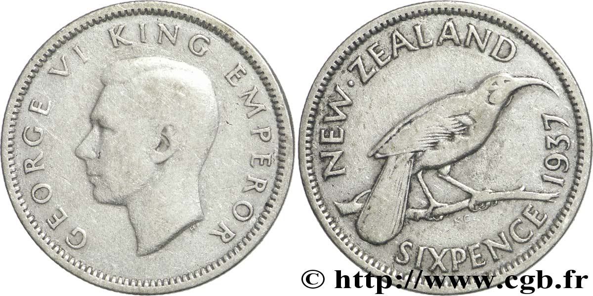 NEW ZEALAND 6 Pence Georges VI / oiseau Huia 1937  VF 